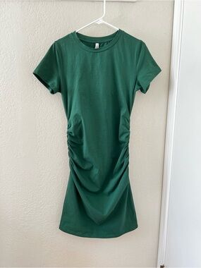 NWOT Laughido Dark Green Tshirt Dress With Ruched Detail Size L